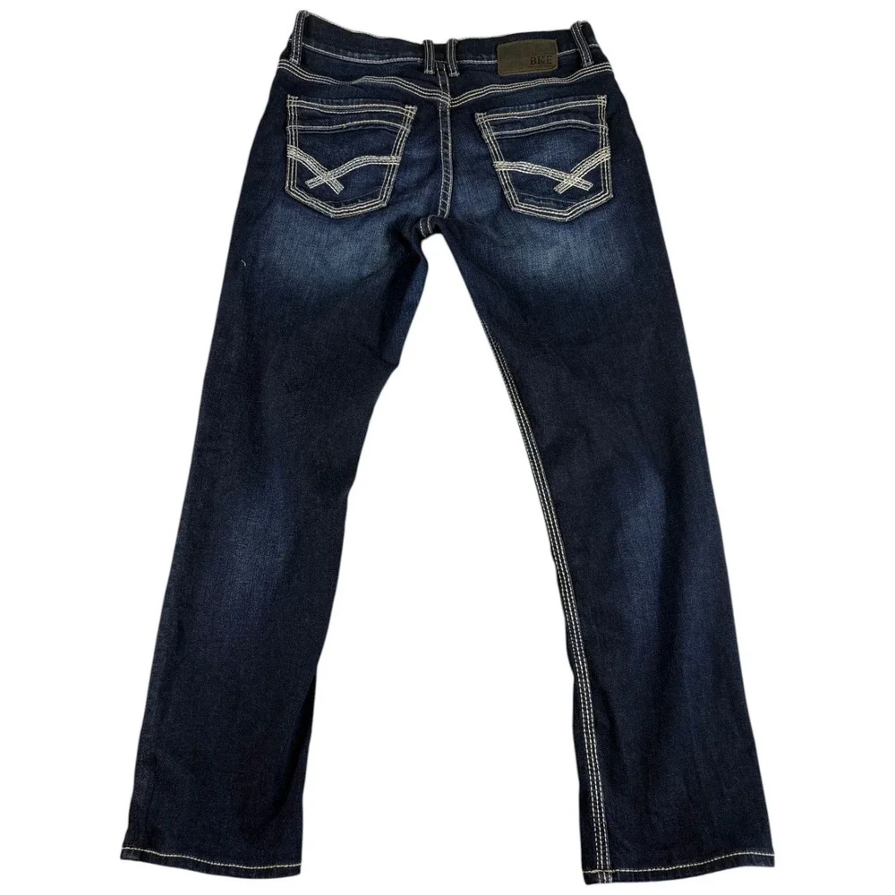 BKE Jake Jeans Mens 33R Blue Denim Dark Washed Faded Rugged Stretch Straight Leg
